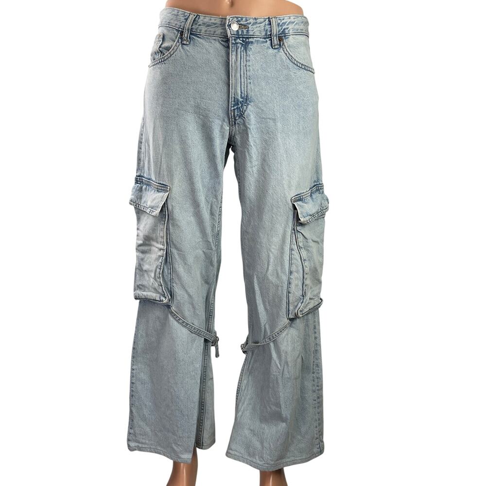 Zara Womens Blue Light Wash Mid Rise Wide Leg Baggy Cargo Denim Jeans Pants Sz 8